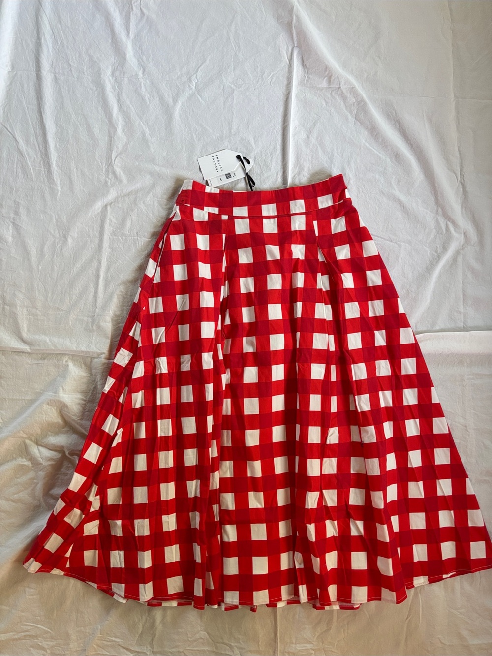English Factory Red and White Gingham A-Line Midi Skirt